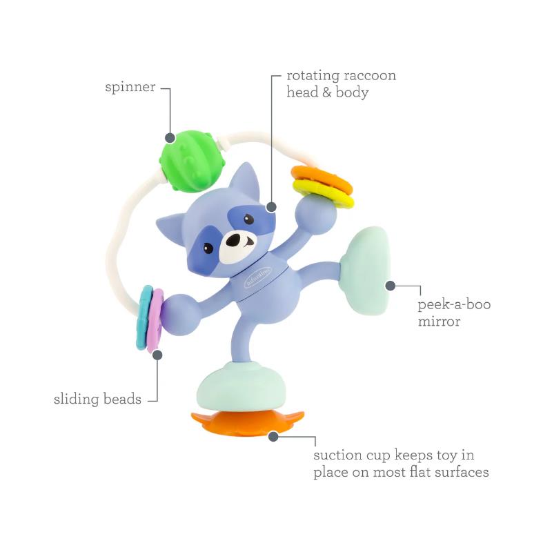 Infantino Stick & Spin Pal, Raccoon toy with a rotating head, sliding beads, and suction cup for flat surfaces.