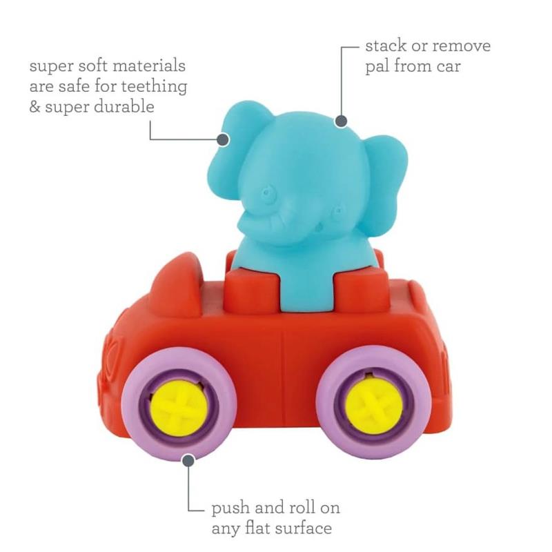 Infantino Super Soft Stack & Go Explorer features a blue elephant on a red car with purple wheels, designed for teething and easy play.