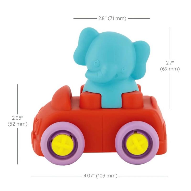 Bright red toy car with purple wheels, featuring a blue elephant figure on top, designed for stacking and play.