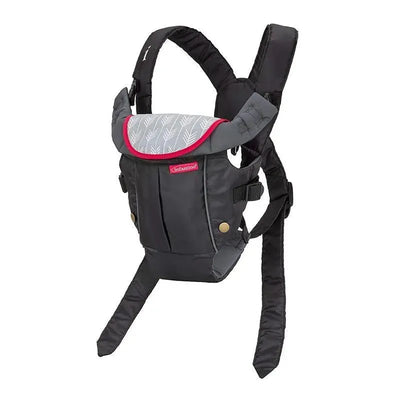 Black Infantino Swift Classic Baby Carrier featuring a padded waistband and adjustable straps, ideal for carrying infants comfortably.