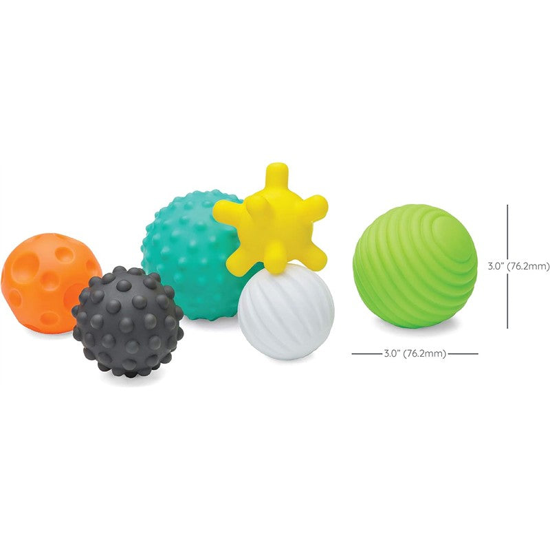 Multicolor Infantino Textured Multi Ball Set featuring six textured rubber balls in various shapes and colors, each 3 inches in diameter.