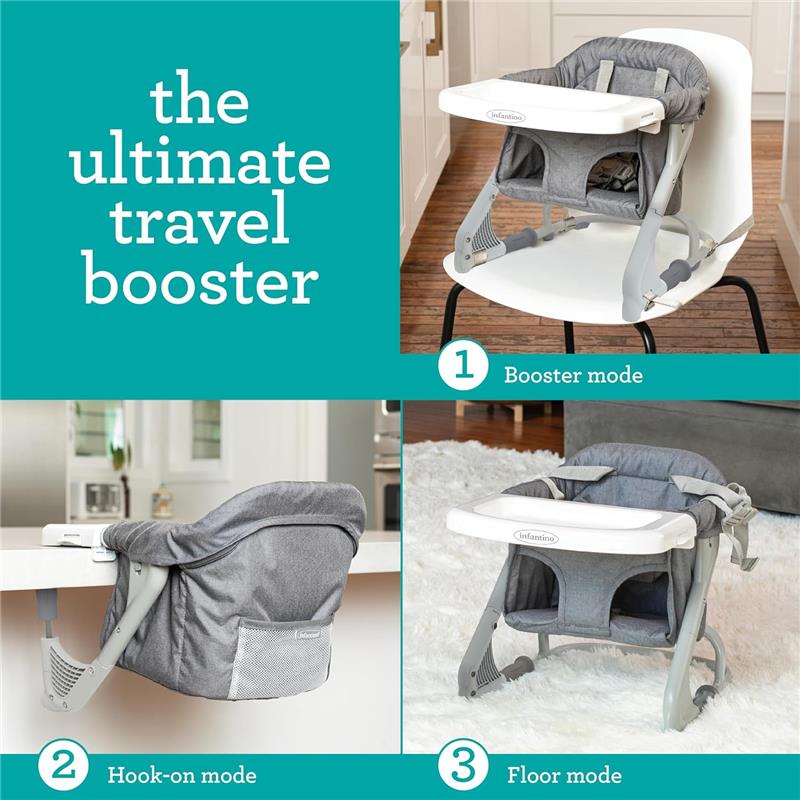 Infantino Ultimate Travel Booster shown in three modes: booster on a chair, hook-on at a table, and floor mode on a rug.
