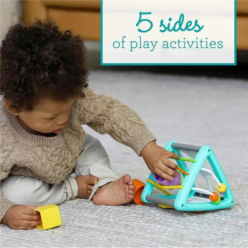 Child interacts with Infantino Wee Wild Ones Activity Triangle, featuring vibrant colors and various play activities.