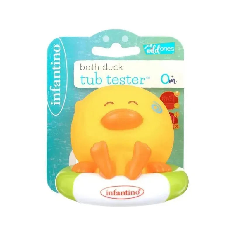 Yellow bath duck toy with a smiling face, packaged with the label “bath duck tub tester” by Infantino.