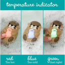 Bath thermometer shaped like an otter with color indicators: red (too hot), blue (too cold), green (just right).