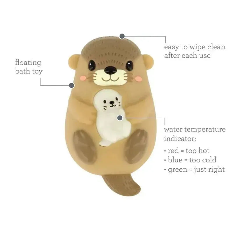 Floating bath toy shaped like an otter holding a baby otter, features a temperature indicator and is easy to clean.
