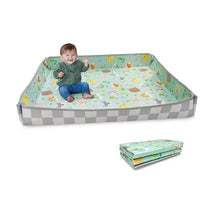 Foldable soft foam mat with a colorful animal design, featuring a smiling child sitting inside.
