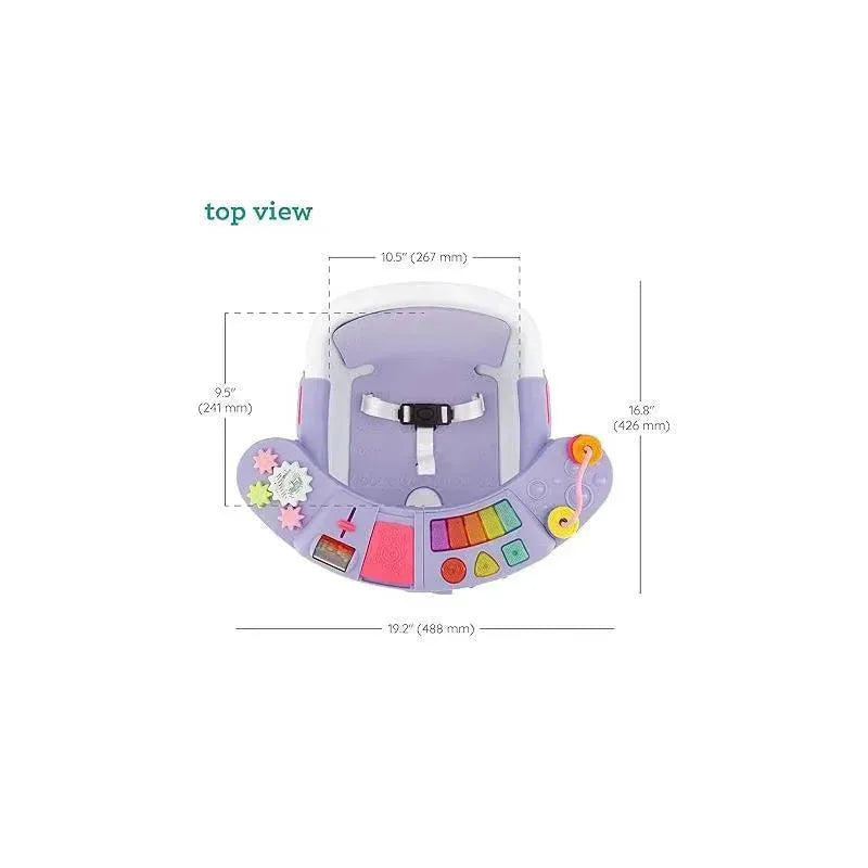 Lavender 3-in-1 Discovery Seat & Booster with colorful interactive buttons and safety harness, shown from the top view with dimensions.