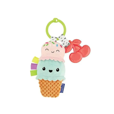 Plush ice cream toy featuring three colorful scoops, a waffle cone, and attached cherry teether.