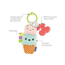 Plushy ice cream teether with colorful layers, a cherry teether, fiddle flags, and an attachment ring.