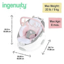 Soothing baby bouncer seat with pink and gray fabric, butterfly and unicorn toys, and vibration feature; dimensions and weight limits displayed.