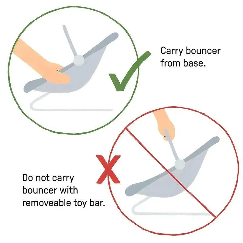 Instructions for carrying the Ingenuity baby bouncer: carry from base, avoid carrying with removable toy bar.