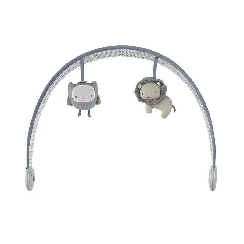 Gray arch toy feature with plush owl and lion figures hanging, designed for a baby bouncer seat.