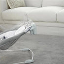 Automatic baby bouncer seat with a gray and white design, features bouncing motion and a soft plush seat, placed on carpet.