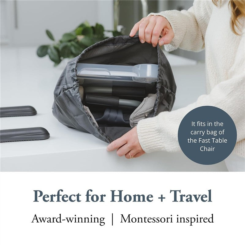 Inglesina Fast Dining Tray Plus being shown inside a bag, highlighting its portable design for home and travel use.