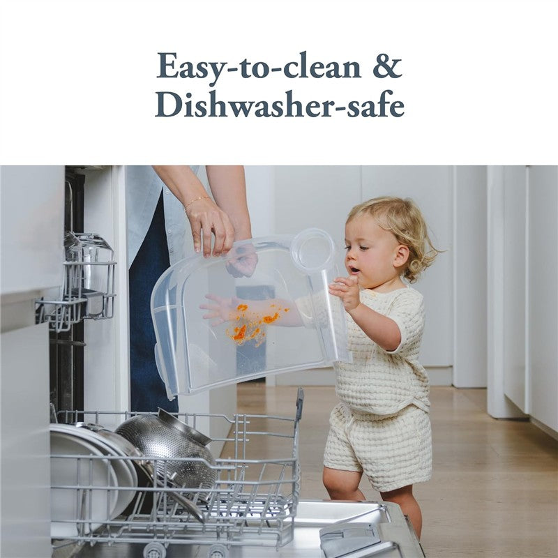 Child holding a clear Inglesina Fast Dining Tray Plus above an open dishwasher, illustrating easy cleaning features.