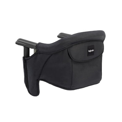 Inglesina Fast Table Chair in black, featuring a secure backrest and side pocket for storage. Suitable for attaching to tables.