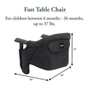 Black Inglesina Fast Table Chair for children 6-36 months, dimensions 11'' high, 16'' wide, and 14'' deep.