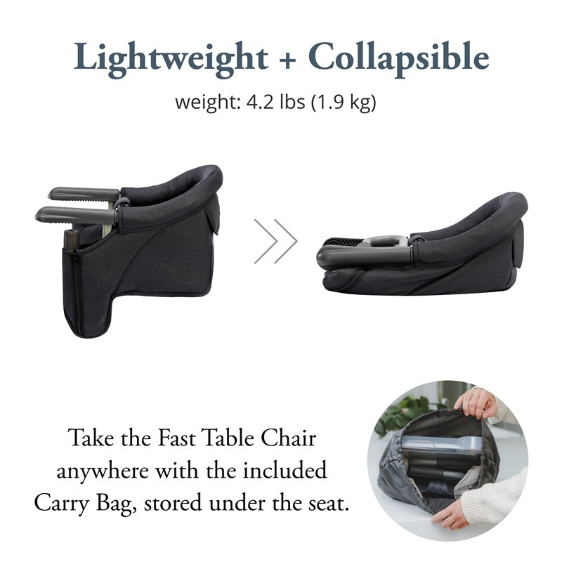 Lightweight and collapsible Inglesina Fast Table Chair in black, with a carry bag stored underneath for easy transport.