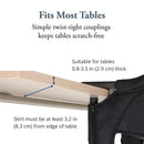 Inglesina Fast Table Chair in charcoal gray melange, demonstrating its fit with various table thicknesses and safety features.