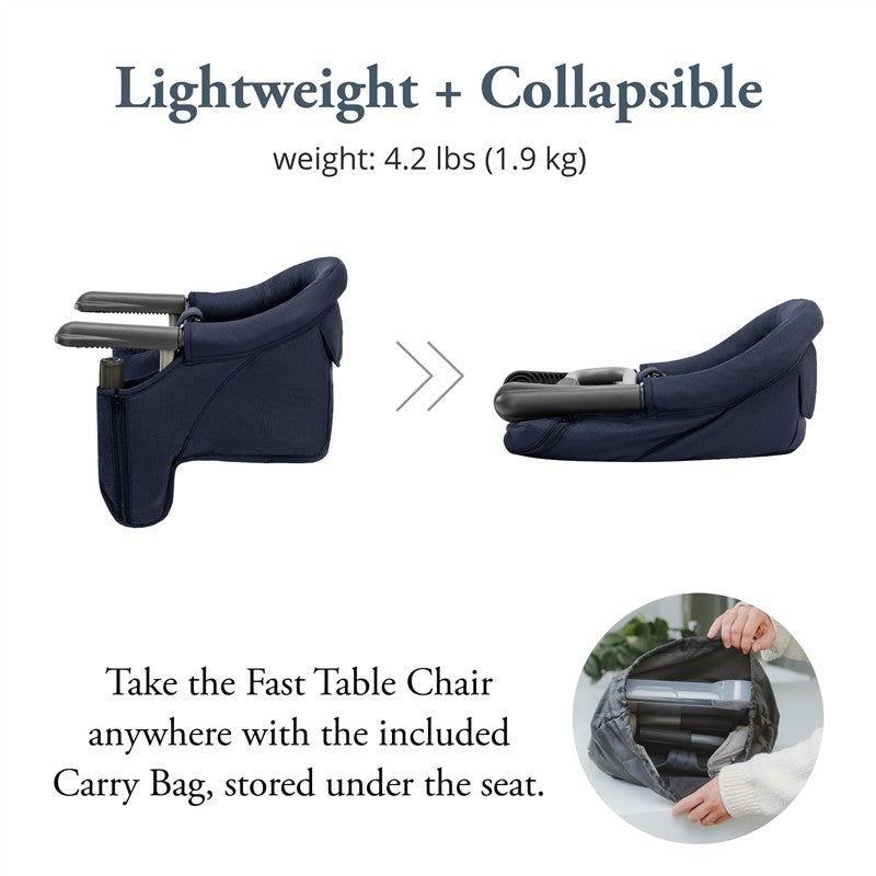 Lightweight and collapsible Inglesina Fast Table Chair in navy, featuring a carry bag stored under the seat for portability.