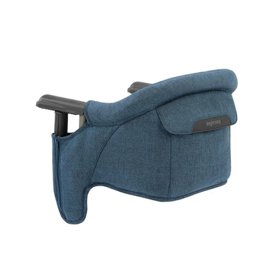 Inglesina Fast Table Chair in Slate Blue Melange, featuring a padded backrest and sturdy attachment for easy use at tables.