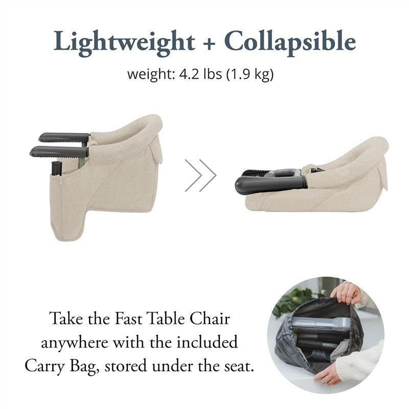 Lightweight, collapsible Inglesina Fast Table Chair in Slate Blue Melange, with carry bag stored underneath.