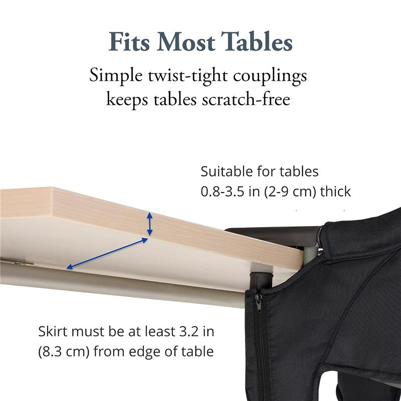 Fits most tables with simple twist-tight couplings; suitable for thickness of 0.8-3.5 inches and skirt clearance of 3.2 inches.