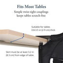 Fits most tables with simple twist-tight couplings; suitable for thickness of 0.8-3.5 inches and skirt clearance of 3.2 inches.
