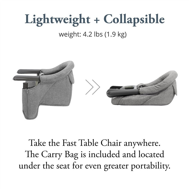 Inglesina Fast Table Chair in Stone Gray Melange, lightweight and collapsible, weighing 4.2 lbs, with a carry bag included.