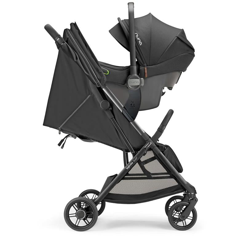 Inglesina Quid³ stroller with a Nuna car seat attached, showcasing a sleek black design and adjustable canopy.