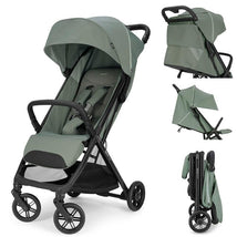 Inglesina Quid³ Compact Lightweight Stroller in Planet Green, showcasing a foldable design, adjustable canopy, and safety harness.