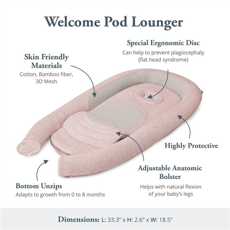 Welcome Pod Lounger in Delicate Pink features ergonomic design, adjustable bolster, and skin-friendly materials for infants.