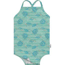 Eco-friendly swimsuit featuring a seafoam background adorned with colorful hawksbill turtles.