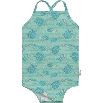 Eco-friendly swimsuit featuring a seafoam background adorned with colorful hawksbill turtles.