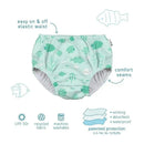 Eco-friendly light blue swim diaper featuring fish patterns, with an elastic waistband and comfort seams. Machine washable and waterproof.