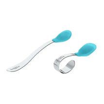 Set of two IPlay Learning Spoons in aqua, featuring soft silicone tips and stainless steel bodies for easy feeding.