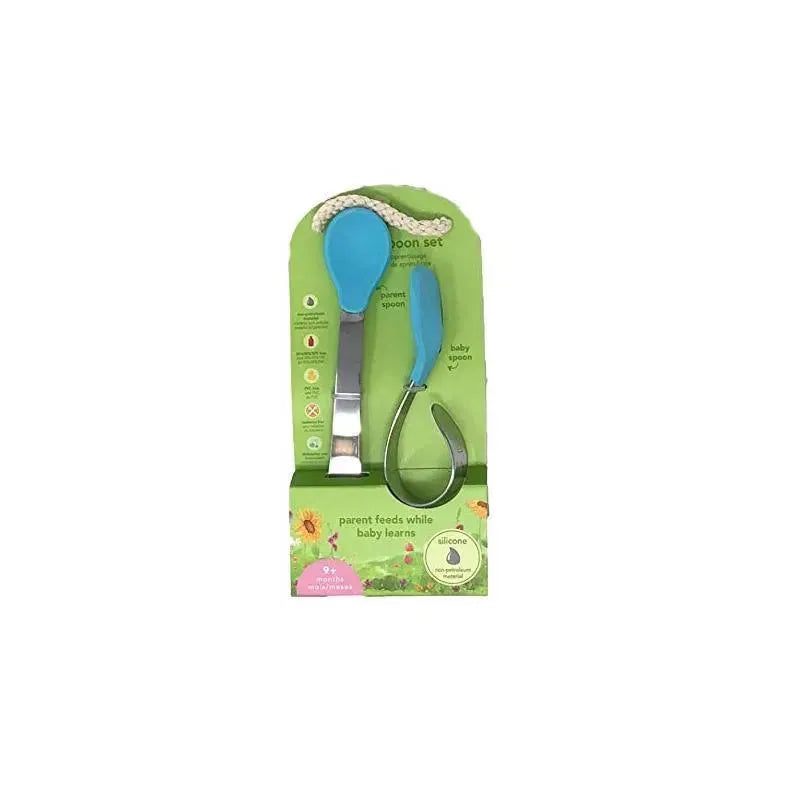 IPlay Learning Spoon Set in Aqua, featuring a parent spoon and baby spoon, displayed on green packaging with educational graphics.