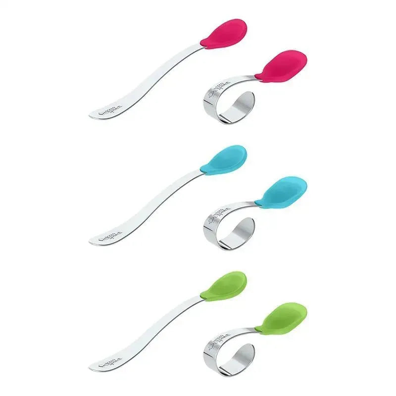 IPlay Learning Spoon Set in aqua, featuring three spoons with silicone tips in pink, blue, and green.