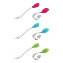 IPlay Learning Spoon Set in aqua, featuring three spoons with silicone tips in pink, blue, and green.