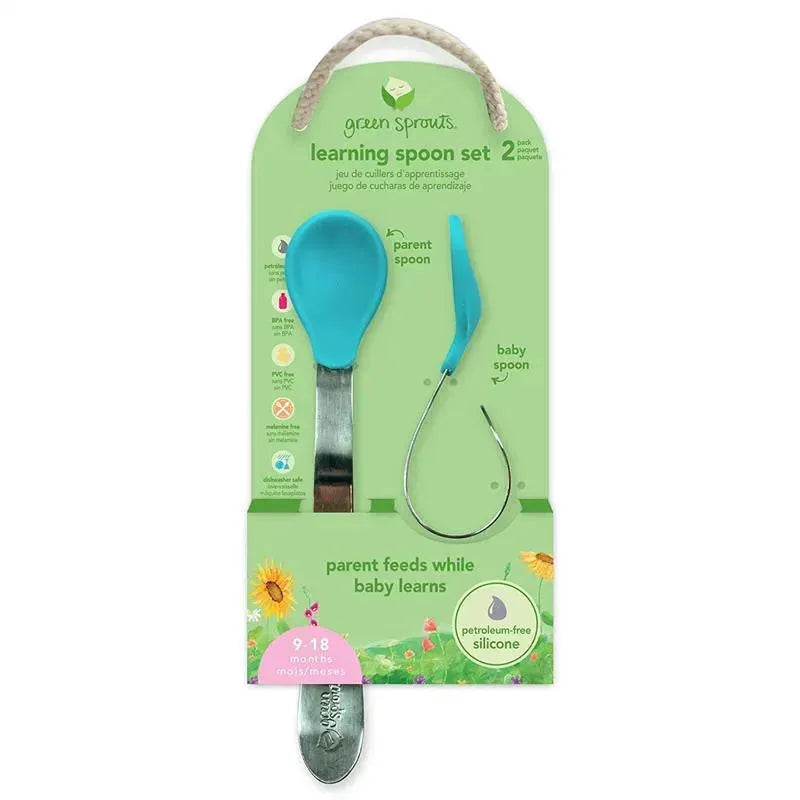 Learning spoon set in aqua color, featuring a parent spoon and a baby spoon, designed for 9-18 months, made of petroleum-free silicone.