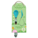 Learning spoon set in aqua color, featuring a parent spoon and a baby spoon, designed for 9-18 months, made of petroleum-free silicone.