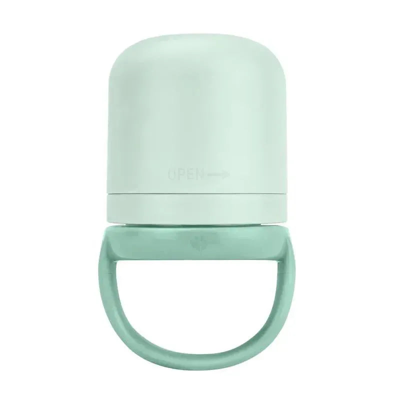 Sage-green Iplay Sprout Ware First Foods Feeder with a curved handle, designed for infants 6 months and older.