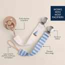 Fabric pacifier straps in boat stripe design, featuring clips for pacifiers and toys, with gentle fabric and easy attachment.