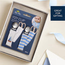 Fabric pacifier straps in boat stripe and solid white, featuring a sailboat design, packaged for gifting.