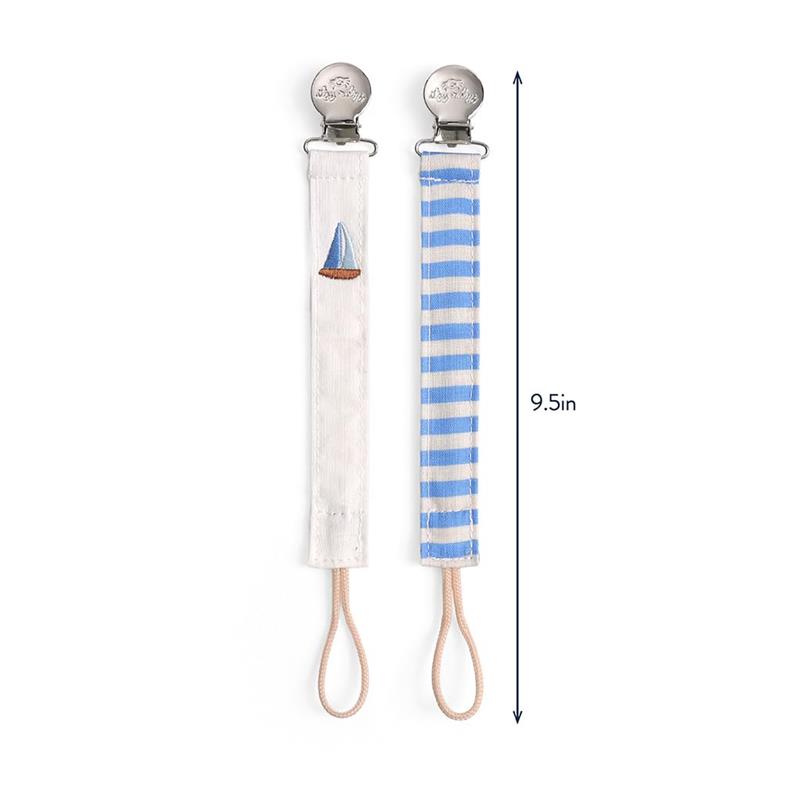 Two fabric pacifier straps in boat stripe design; one features a sailboat motif, each with a metal clip and loop, 9.5 inches long.