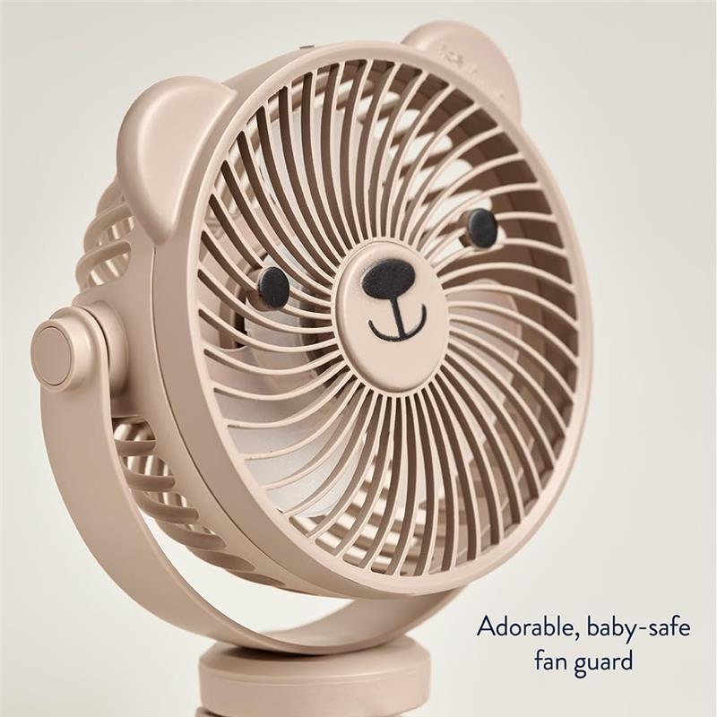 3-speed stroller fan designed as a bear, featuring a baby-safe guard and a cute facial design.