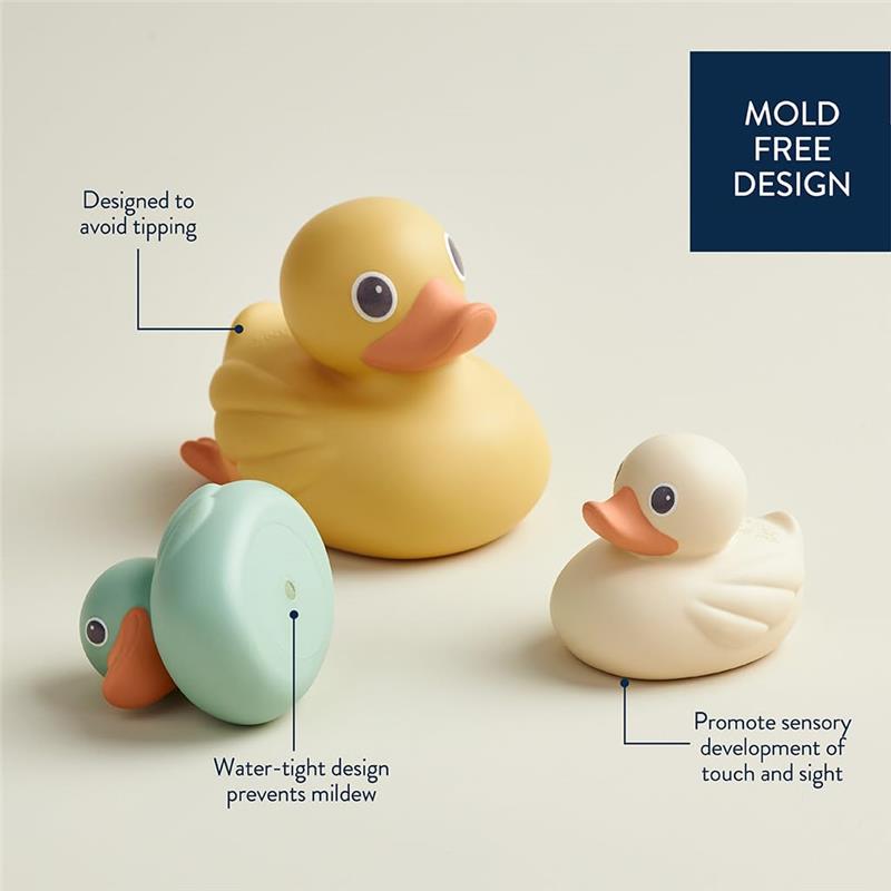 Three floating bath toys in duck designs, including a yellow, green, and white duck, highlighting their mold-free and water-tight features.