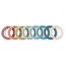 Set of eight colorful silicone linking rings in pastel shades, designed for baby toys or sensory play.