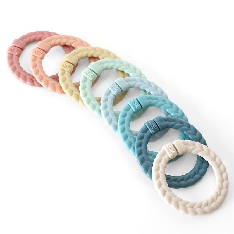 Set of eight braided silicone linking rings in a rainbow of pastel colors, designed for baby play and teething.